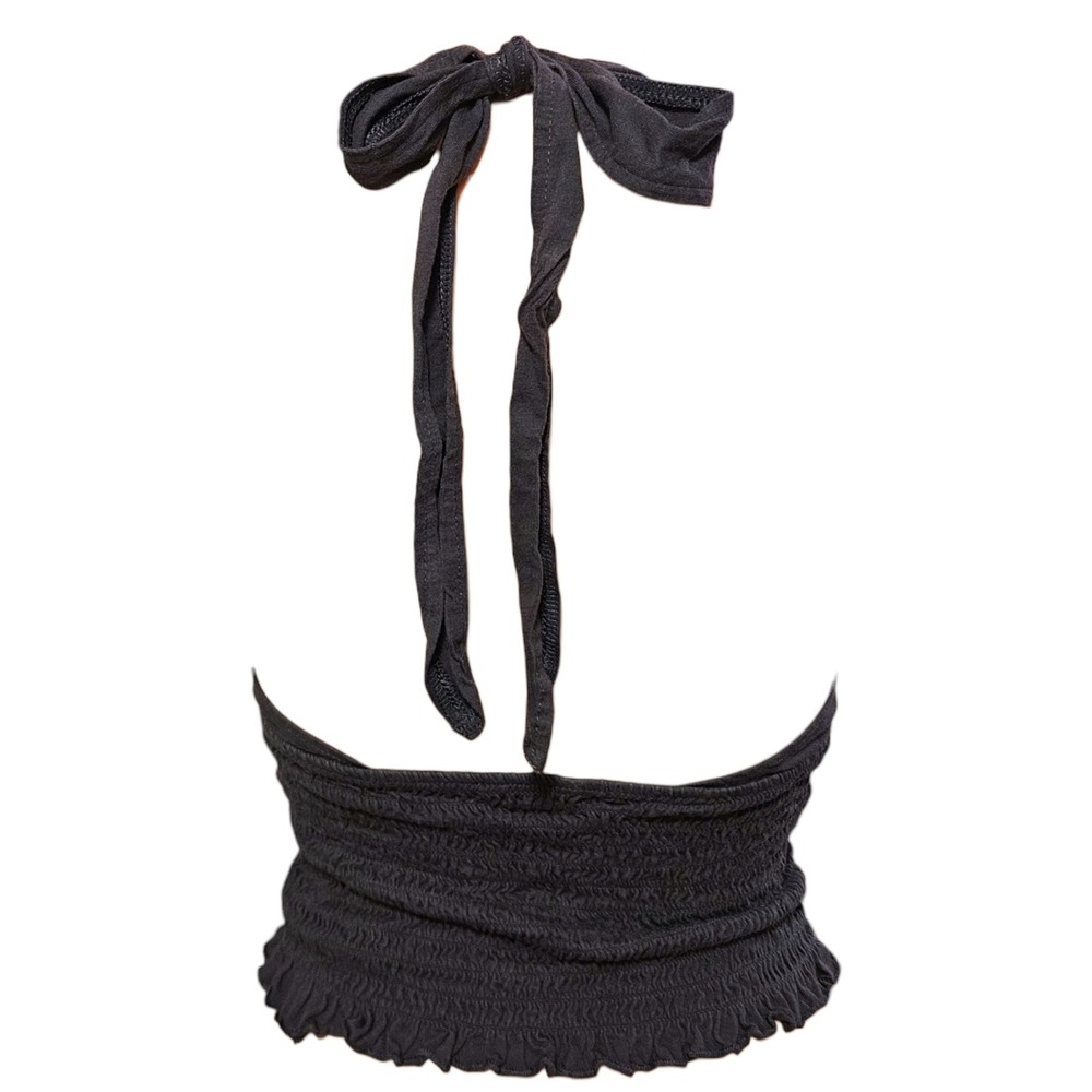 American Eagle Y2K Halter Top XS Black Smocked Ruffle Stretch Crop Cami Tie Neck - Picture 3 of 11